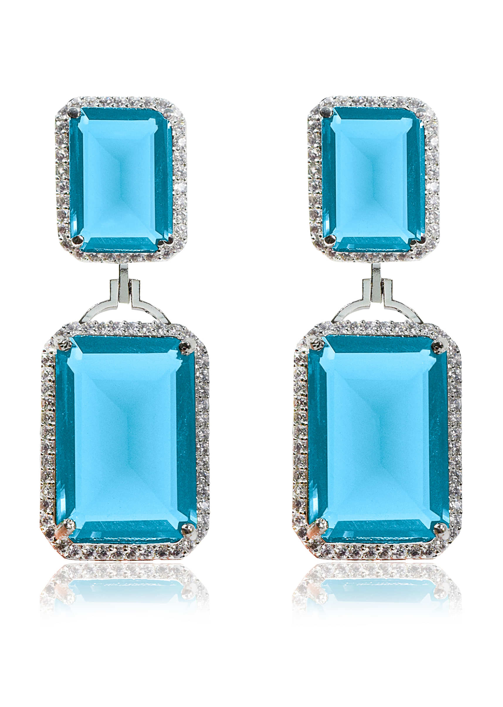 2 Aquamarine Stones Dangled Earrings With Faux Diamonds