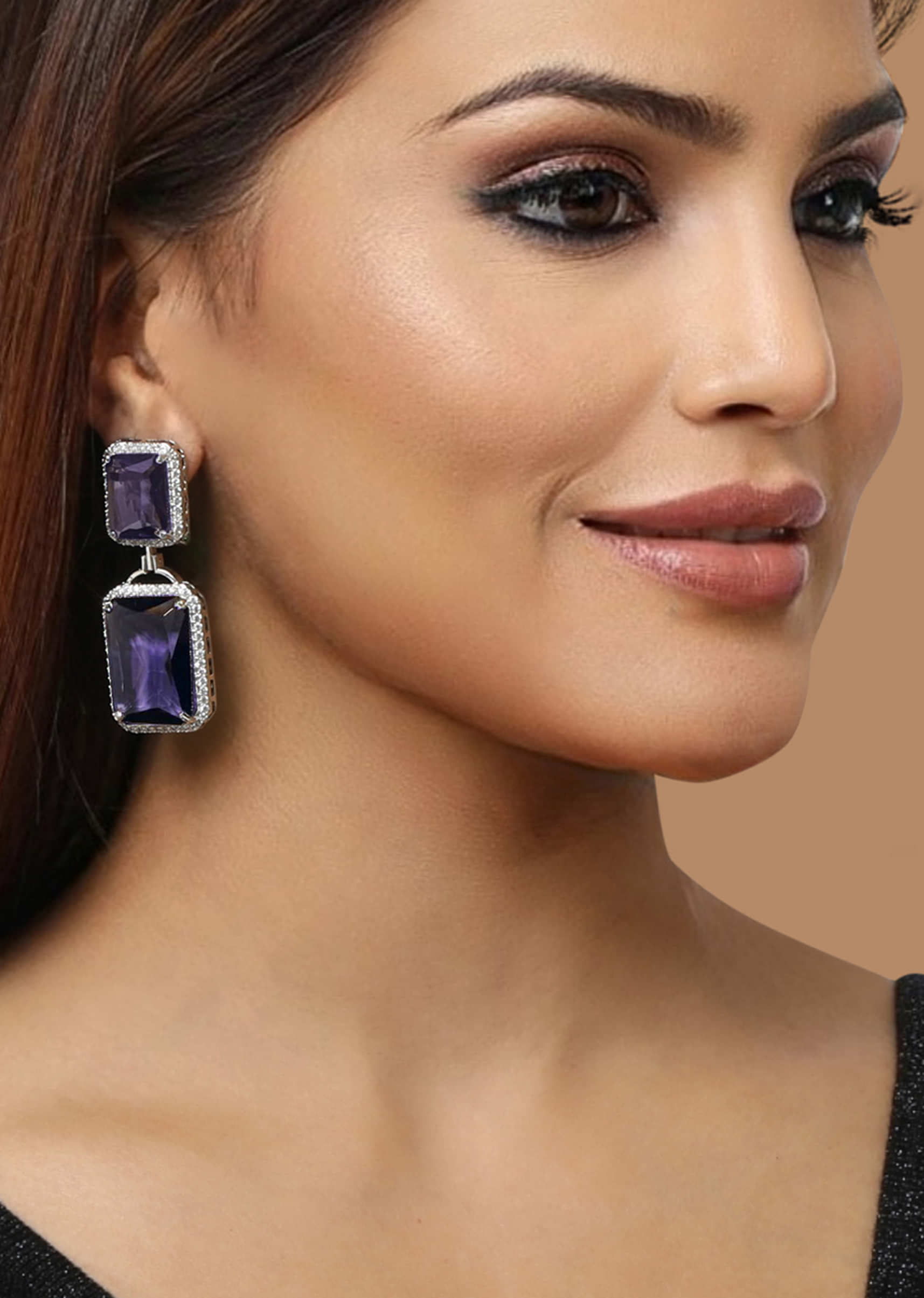 2 Purple Stones Dangled Earrings With Faux Diamond