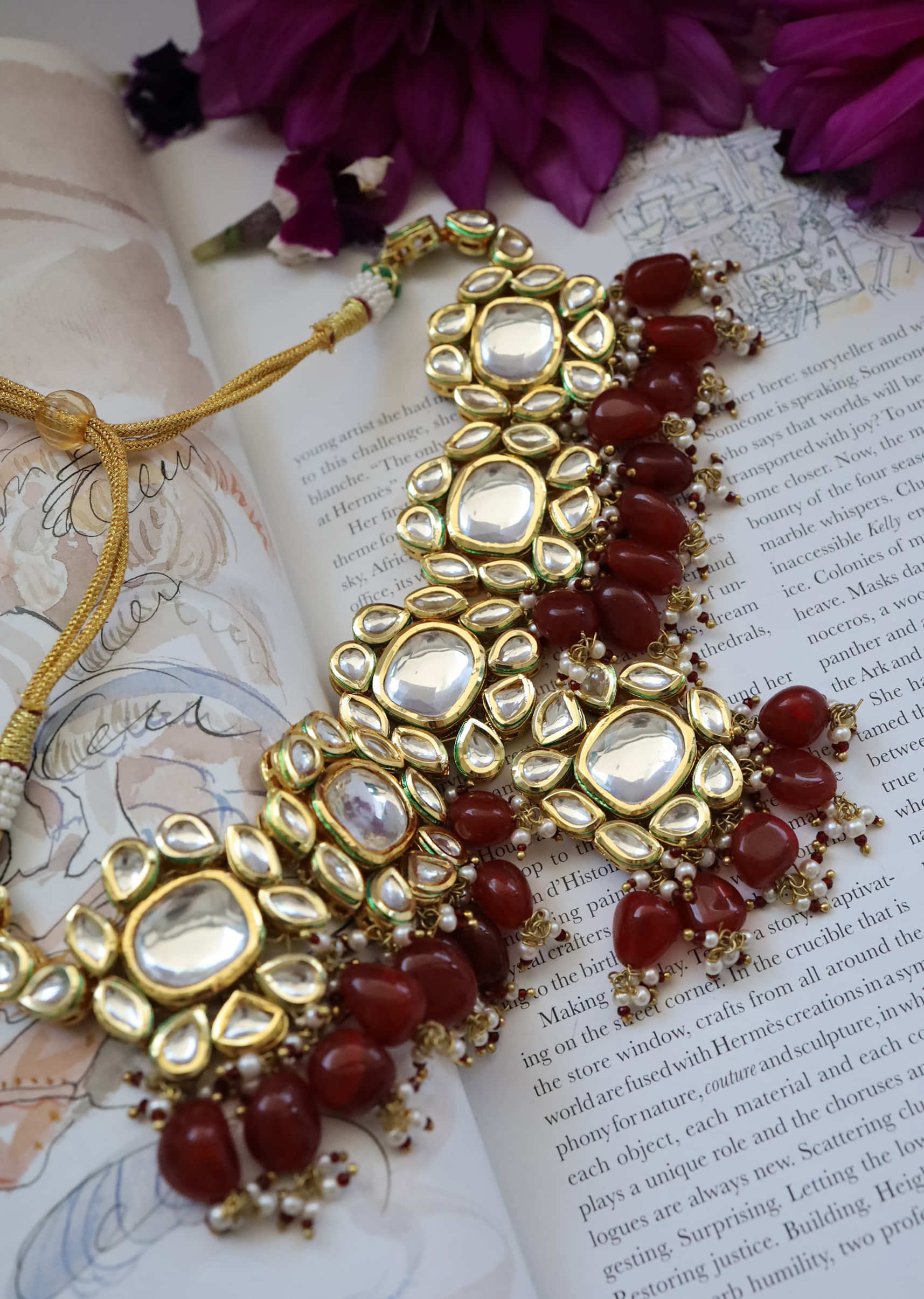 Gold Necklace Set With Opulent Floral Polki Edged With Red Stones And Pearls By Paisley Pop
