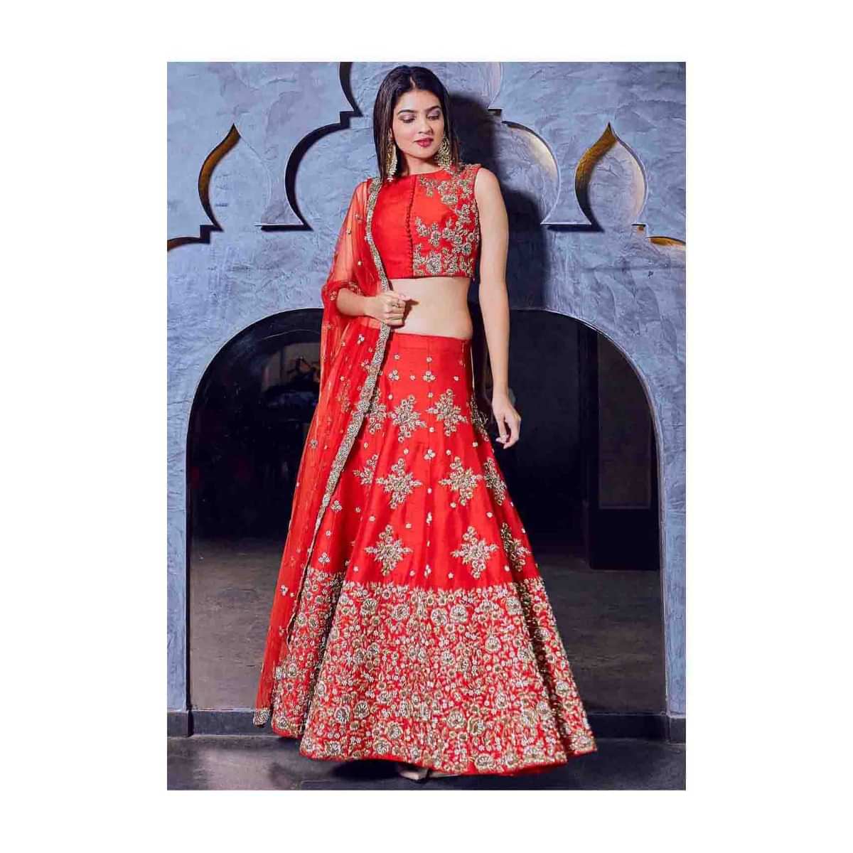 Blood lehenga features with moti and zari embroidery only on Kalki