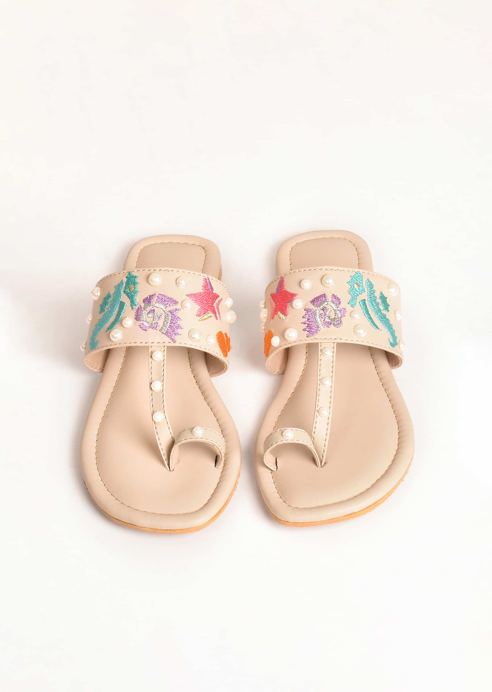 Cream Kolhapuri Flats With Marine Life Embroidery And Pearls By Sole House