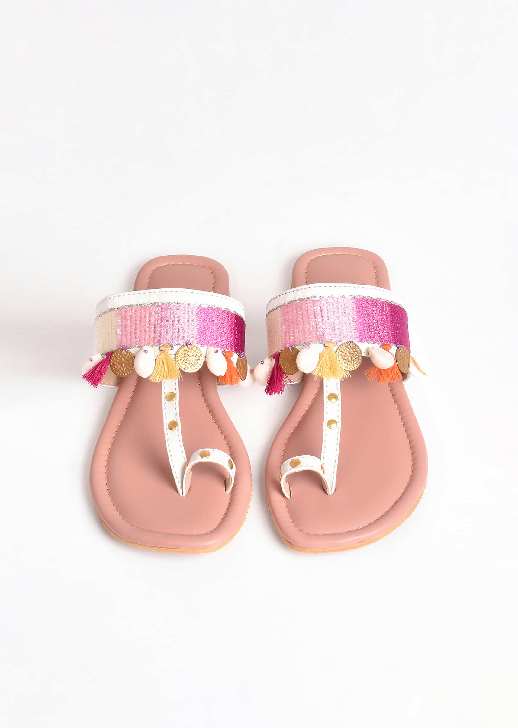 Pink Ombre Kolhapuri Flats With Conchas, Tassels And Coins By Sole House