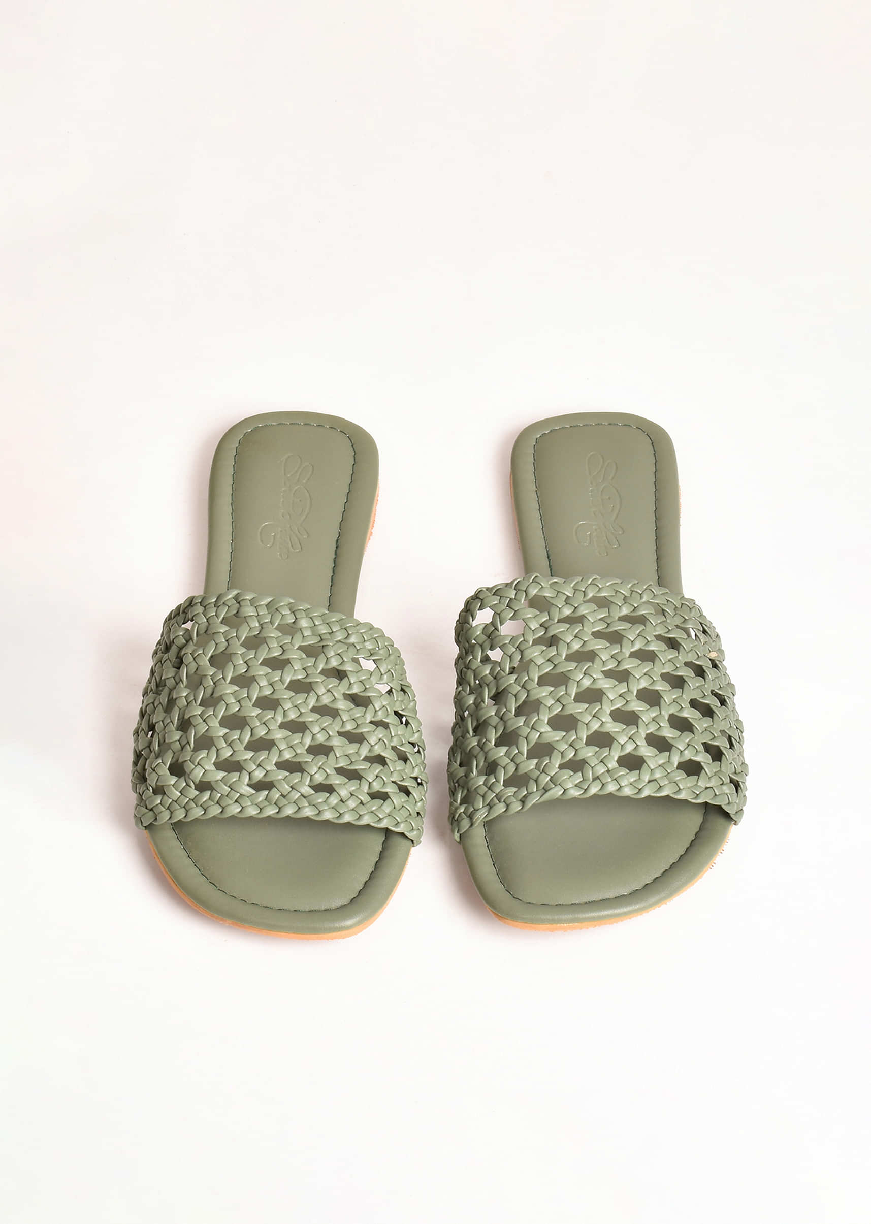Olive Green Flats With Hand Woven Mesh Design By Sole House