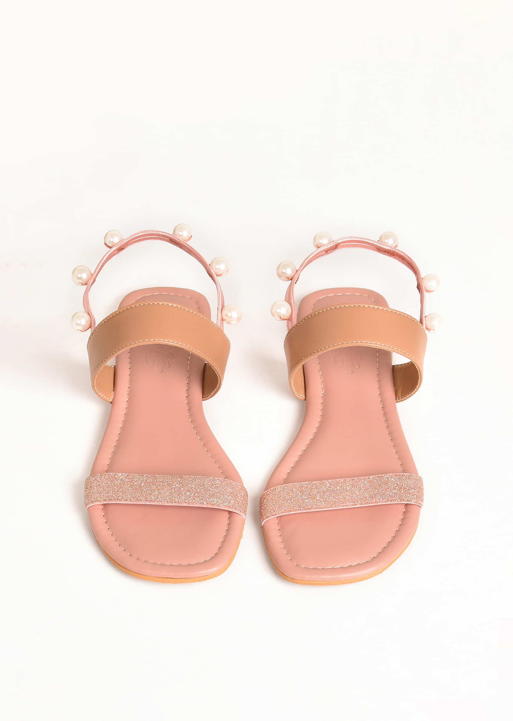 Pink And Rose Gold Ankle Strap Flats With Glitter And Pearls By Sole House