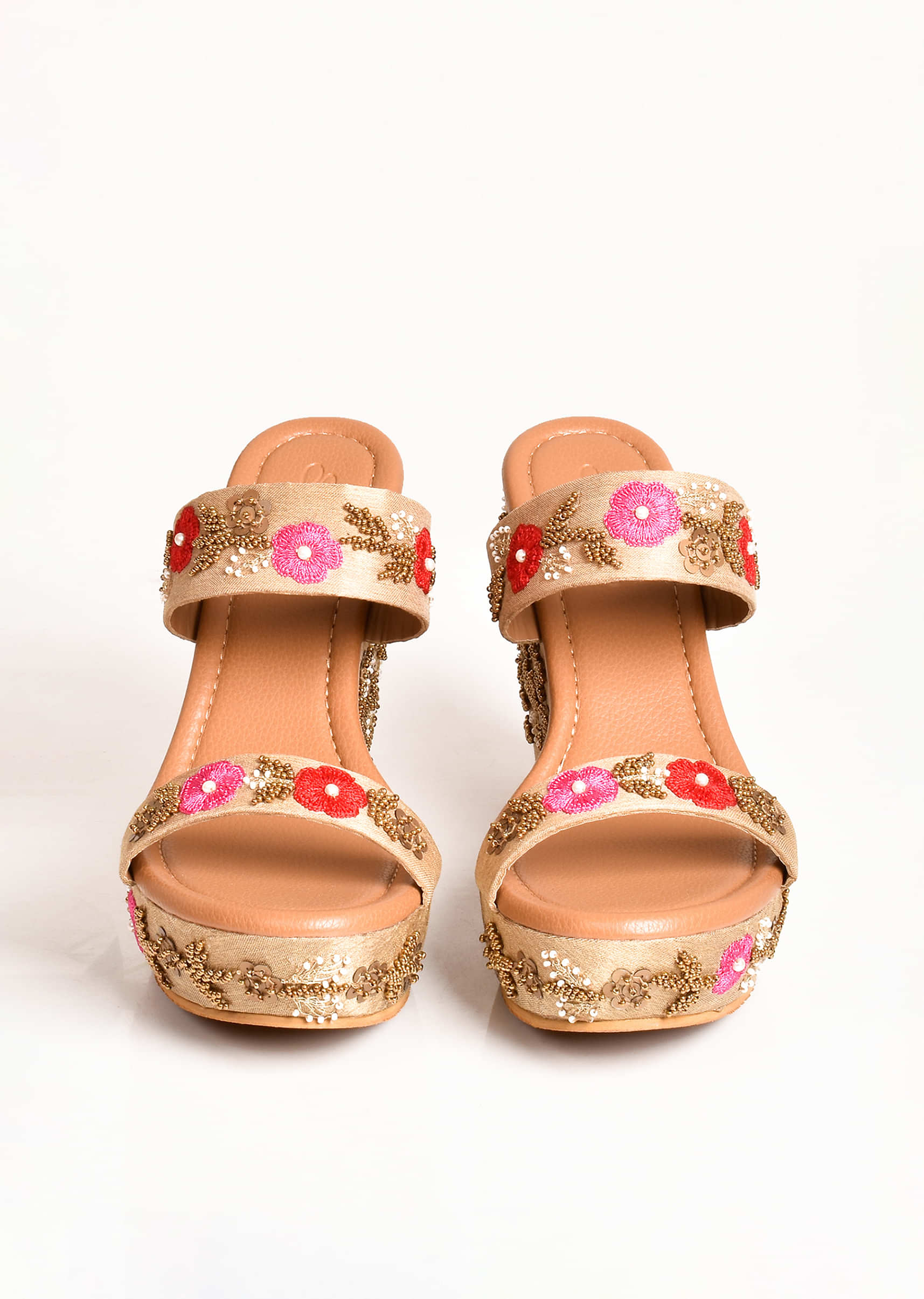 Nude Wedges In Silk With Red And Pink Resham Flowers Along With Gold Sequins Work By Sole House