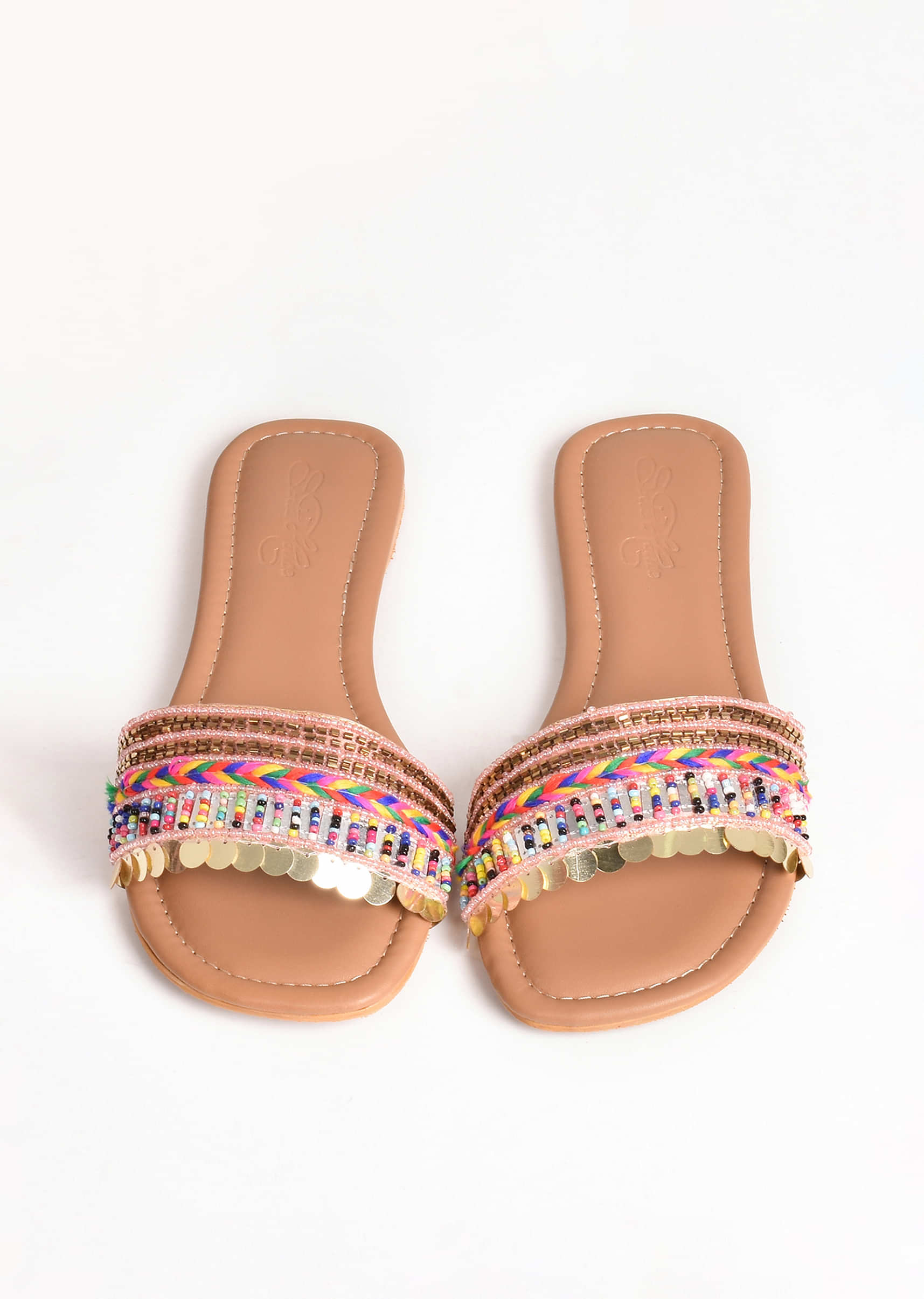 Nude Pink Boho Sliders With Bead And Thread Work By Sole House