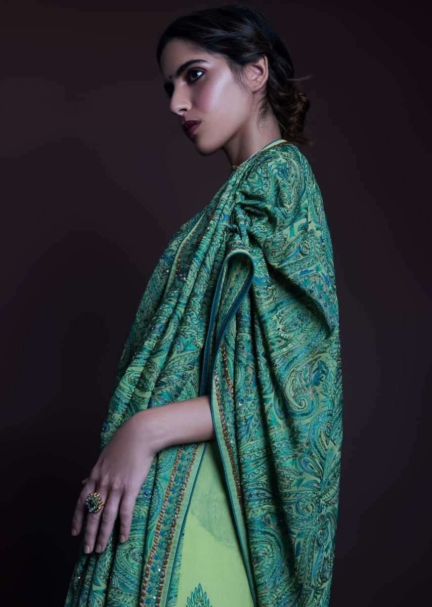 Yellowish green georgette saree with multi color thread embroidered jaal work only on kalki