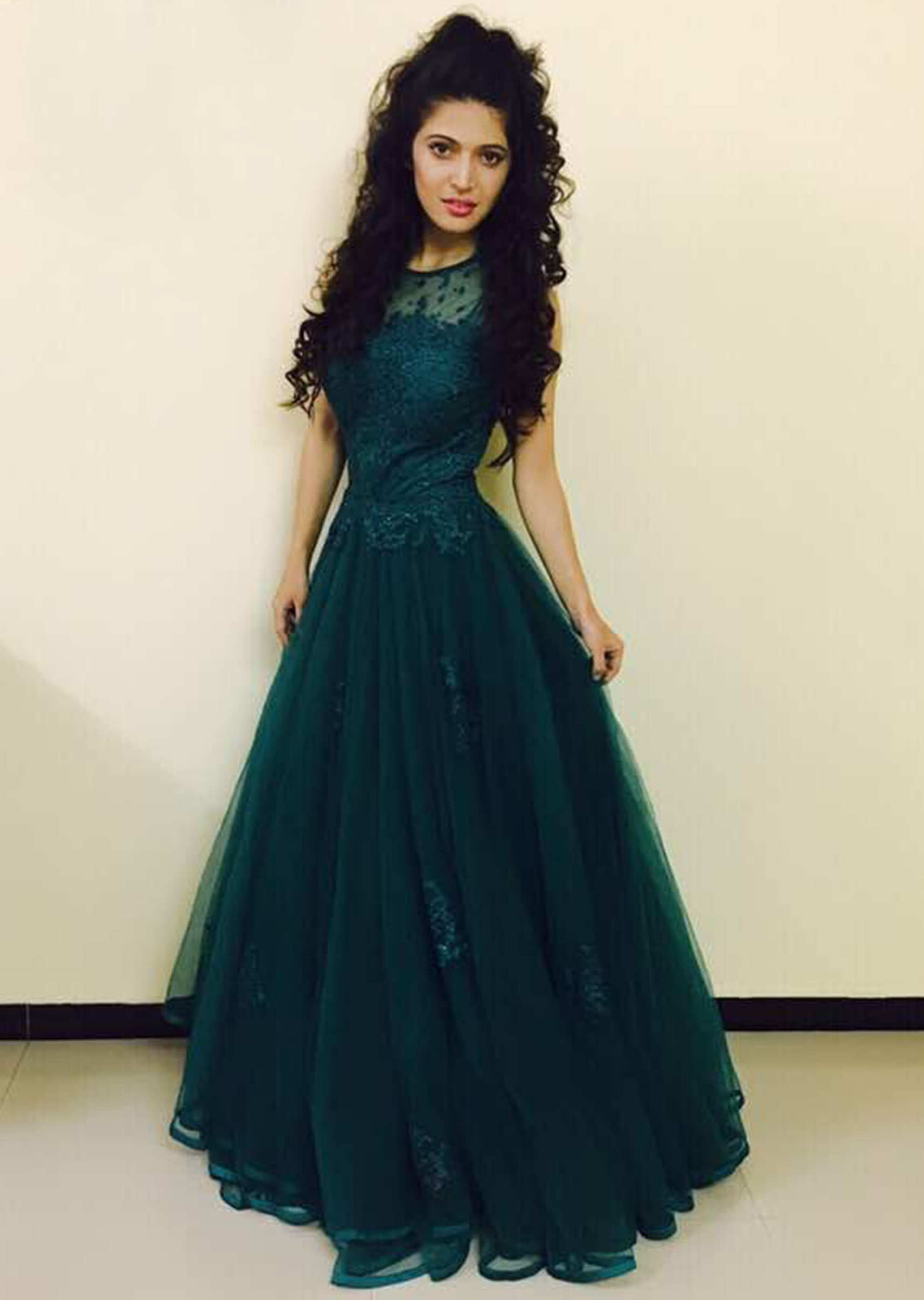 Charlie Chauhan In Kalki Teal Blue Net Gown Studded With Stones Online - Kalki Fashion