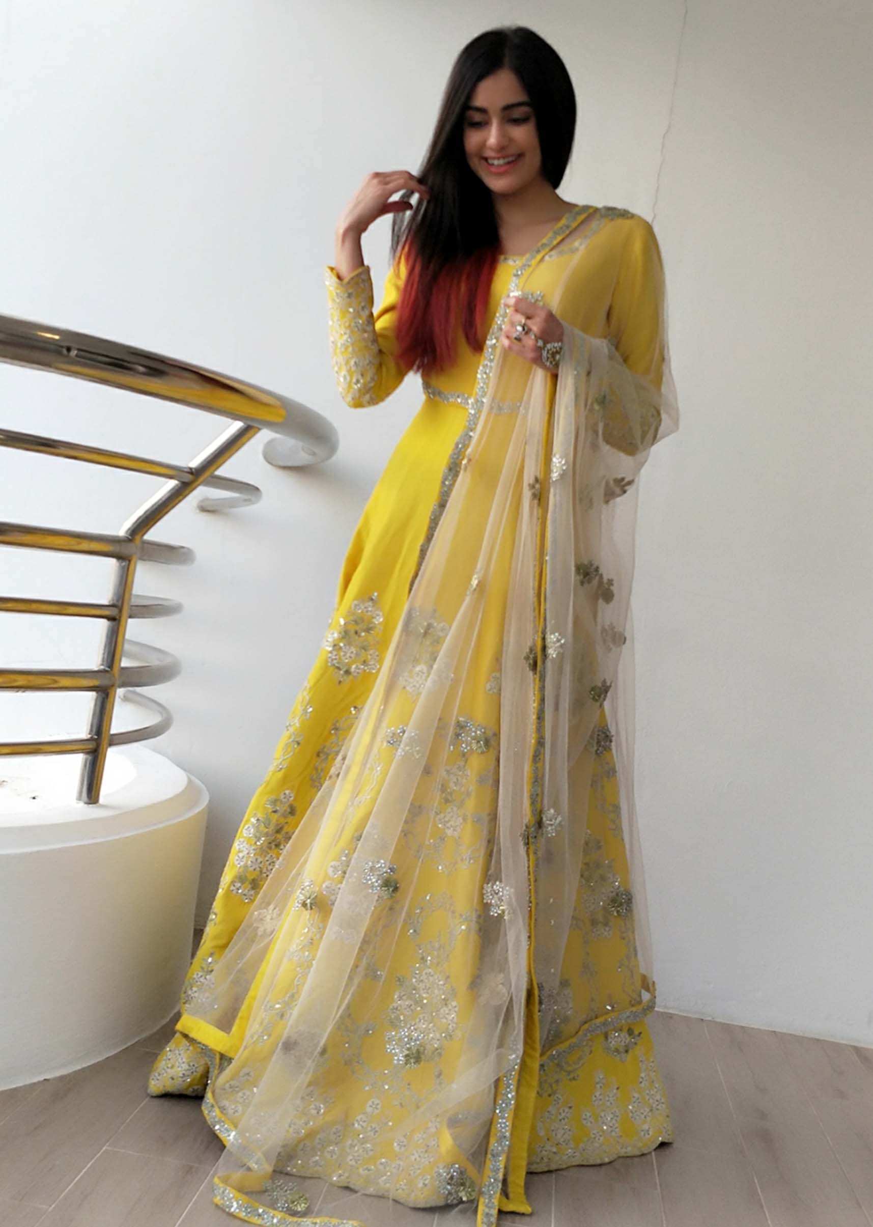 Adah Sharma in Kalki Yellow Silk Gown and Net Dupatta in Gotta Lace Work