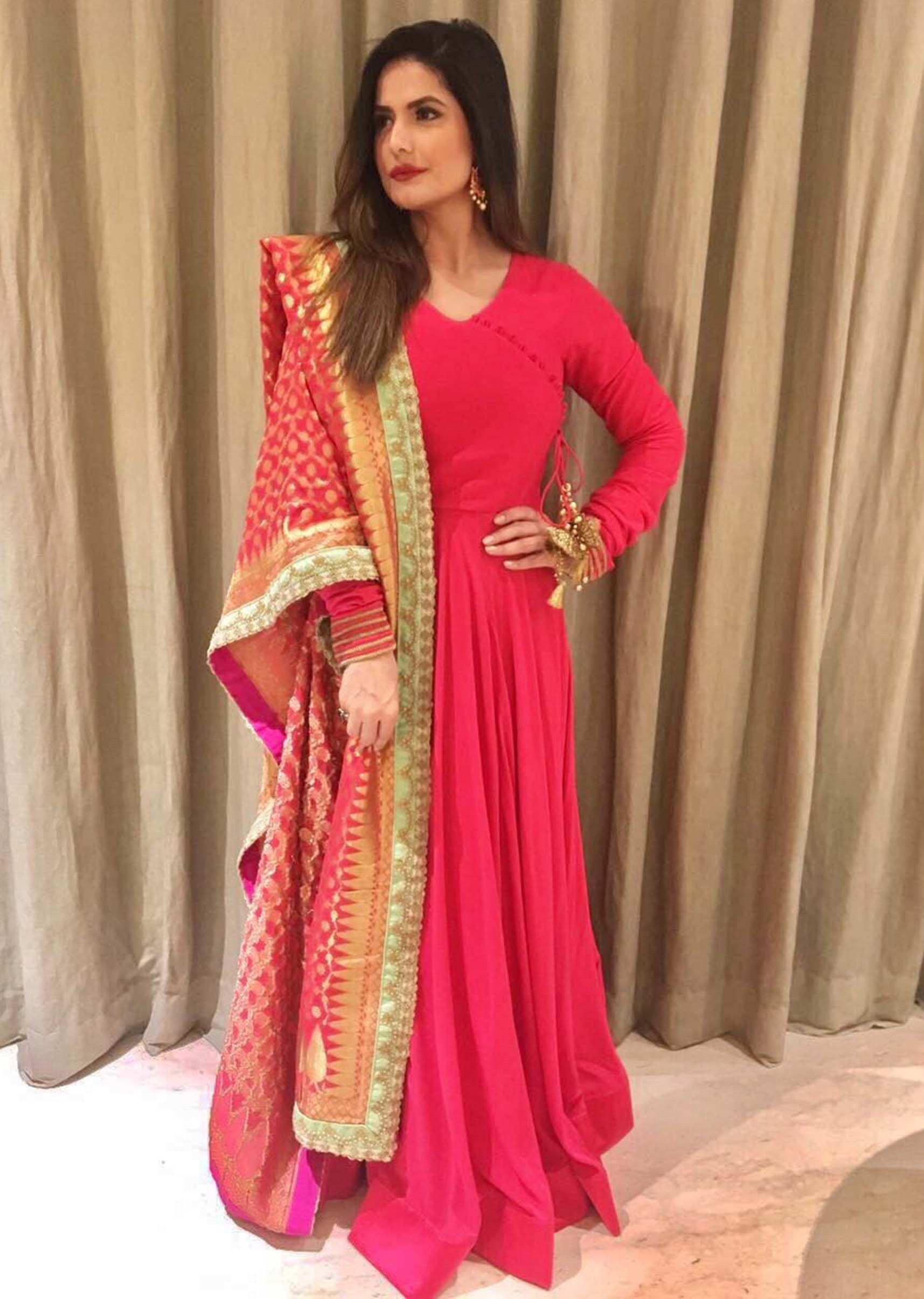 Zareen Khan in Kalki coral pink anarkali suit with brocade dupatta