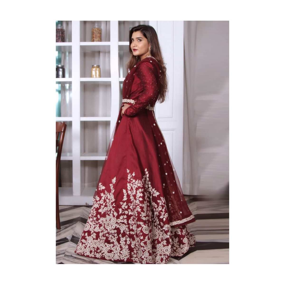 Anarkali suit in maroon raw silk with embroidered belt only on Kalki