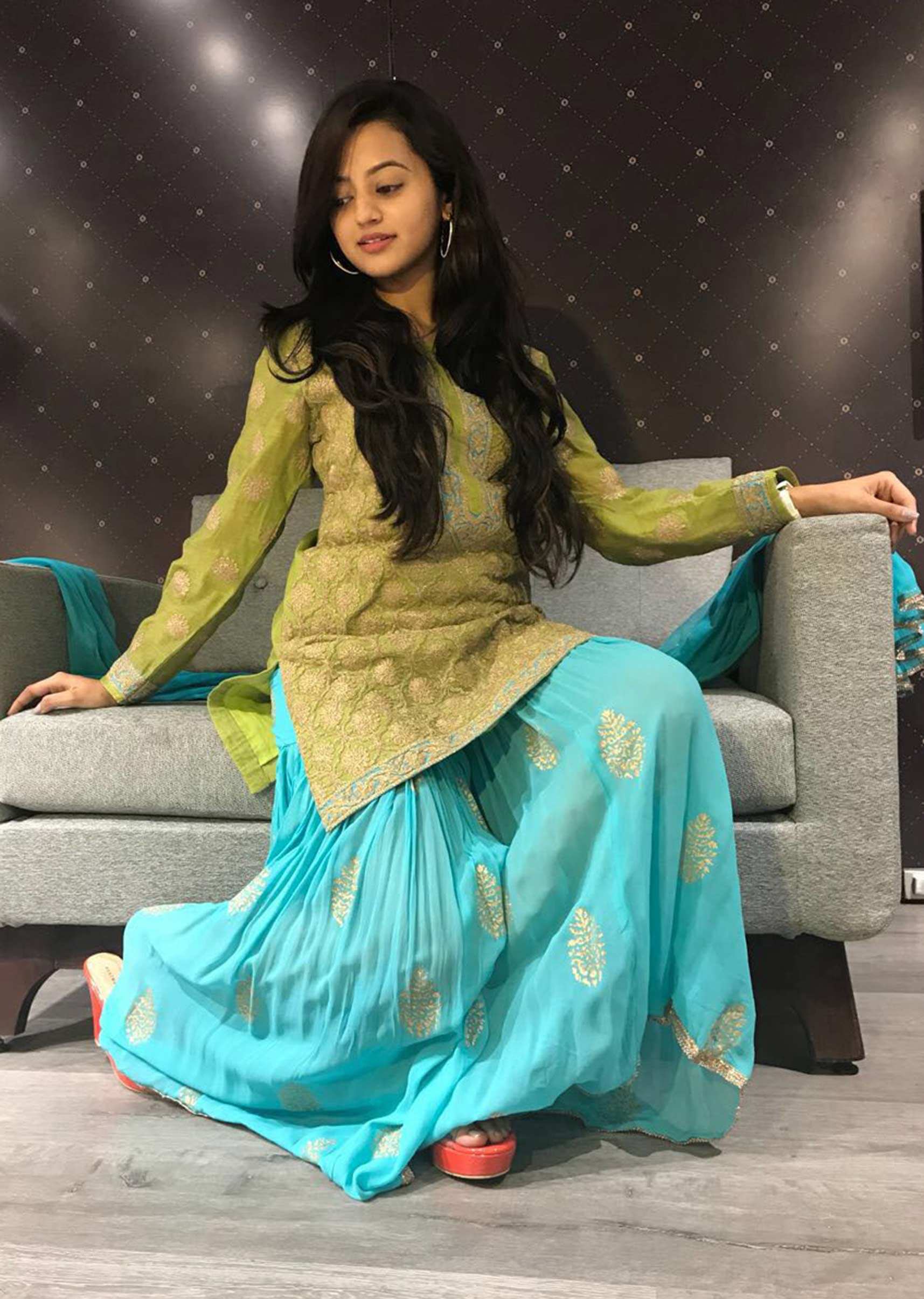 Helly Shah sharara suit thread work with contrasting pine green and arctic blue colors only on Kalki
