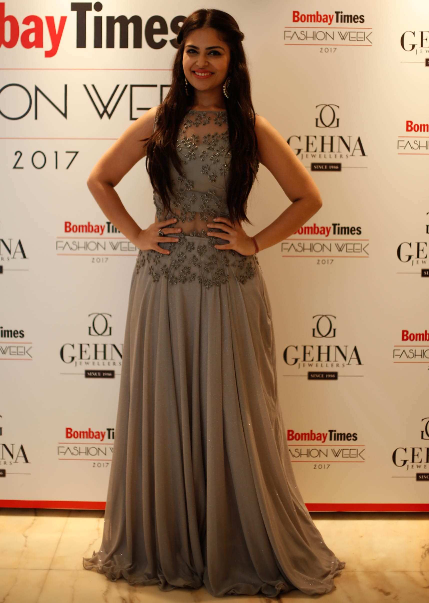 Grey shimmer gown with moti and resham embroidered bodice only on Kalki