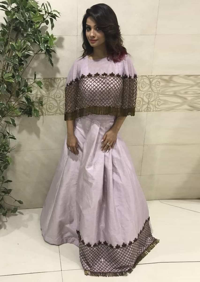 Light purple Raw Silk Top and Skirt with Cut Dana Embellished Net Cape Only on Kalki
