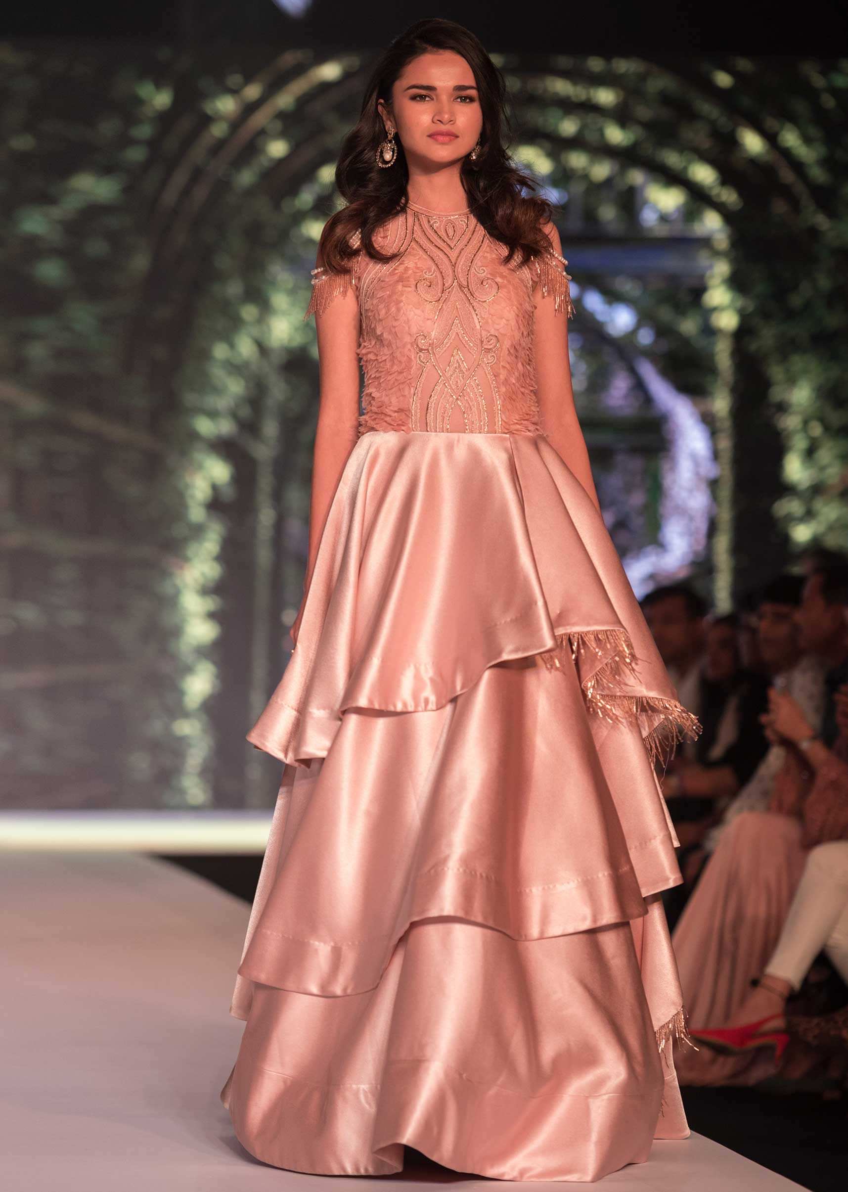 English peach gown with applique embroidered bodice only on Kalki