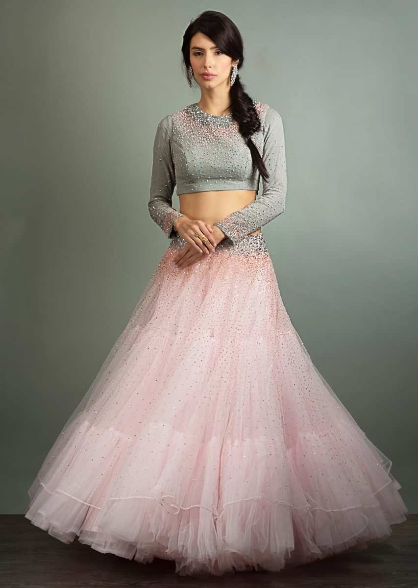 Powder pink sequins embroidered  net lehenga with grey georgette blouse and organza ruffled dupatta