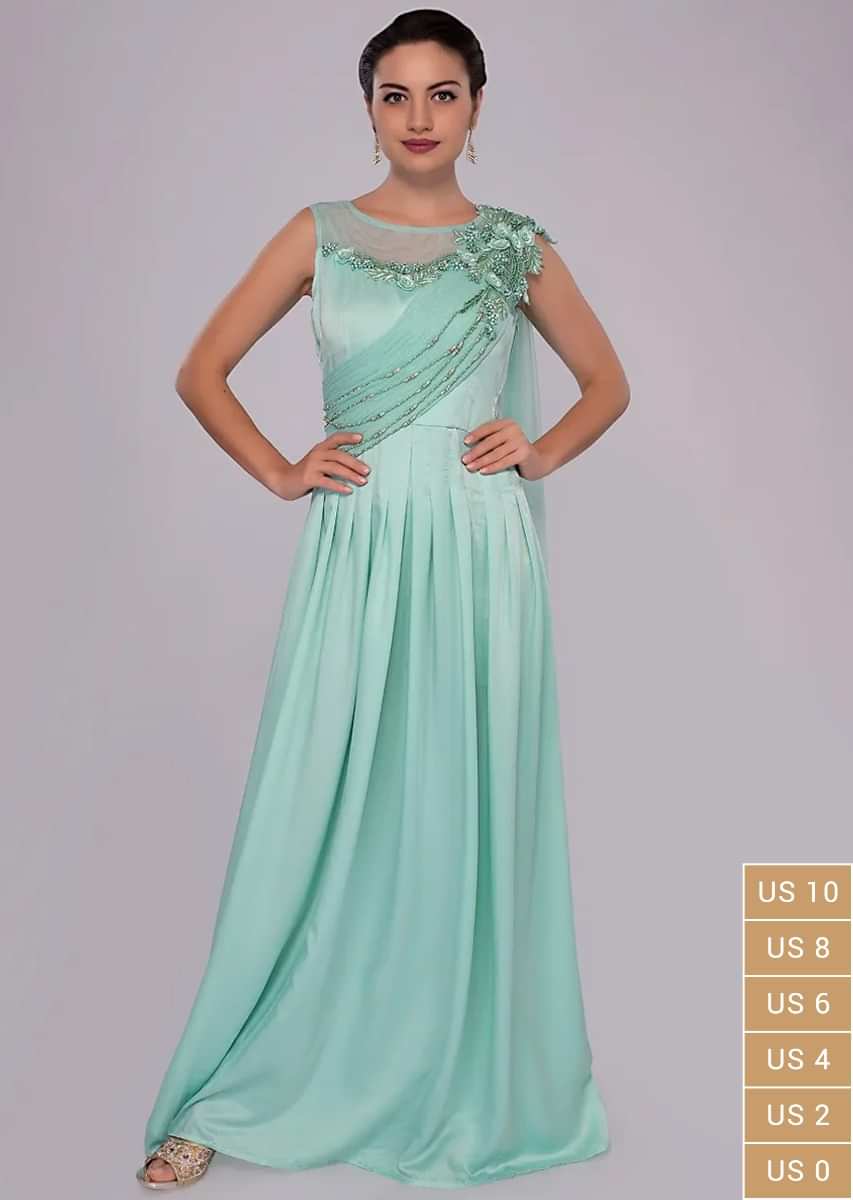 Mint Green Gown With Floral Embroidery And Pleated Bodice Online - Kalki Fashion