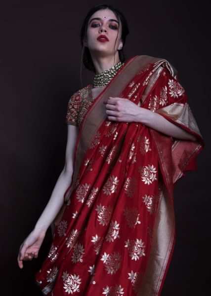 Red brocade silk saree in floral butti and golden border only on kalki