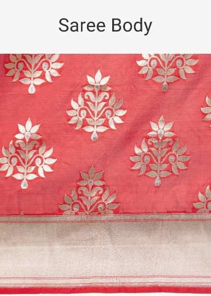 Red brocade silk saree in floral butti and golden border only on kalki