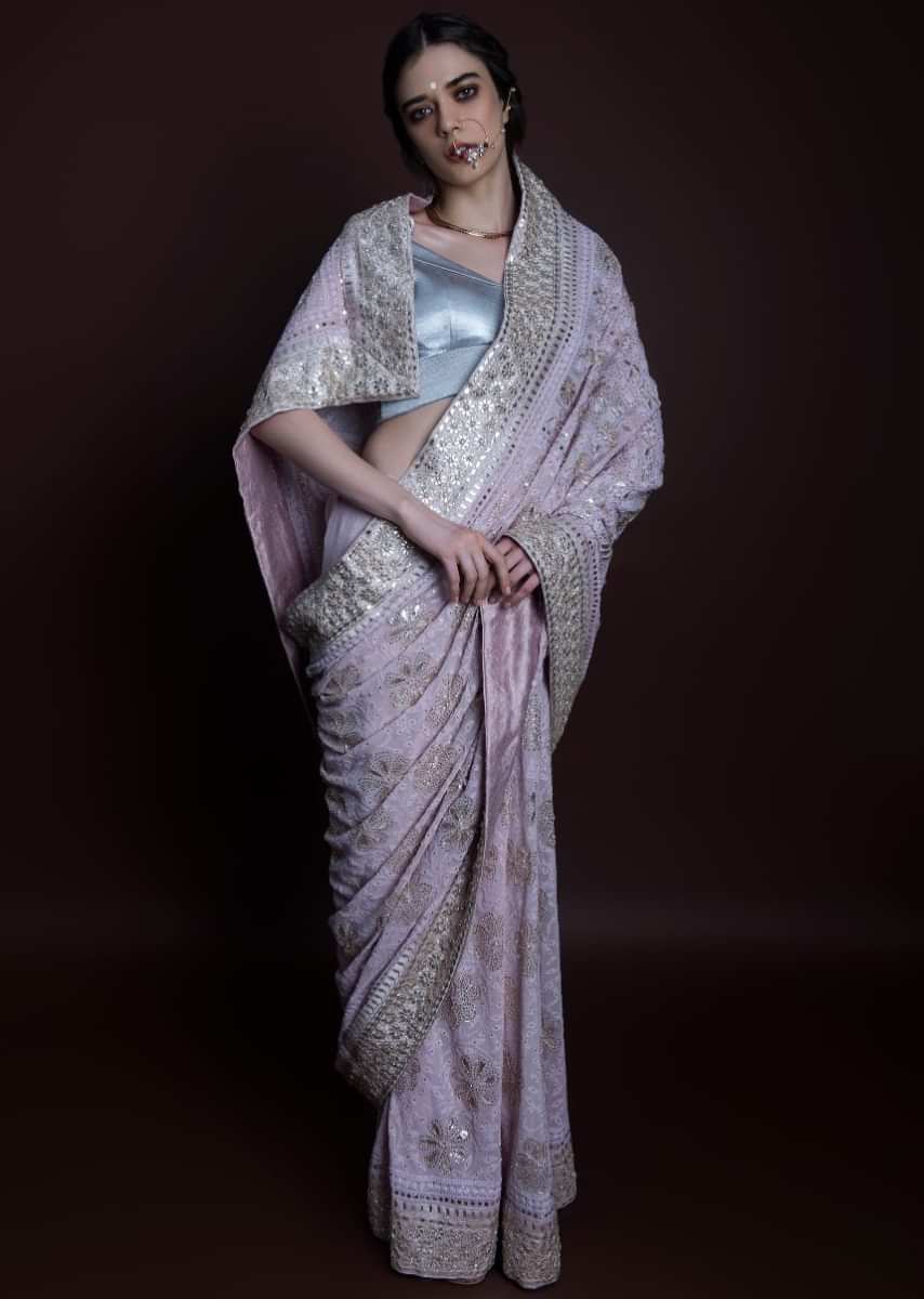 Powder Pink Saree With Lucknowi, Gotta Patch And Badla Highlight Online - Kalki Fashion