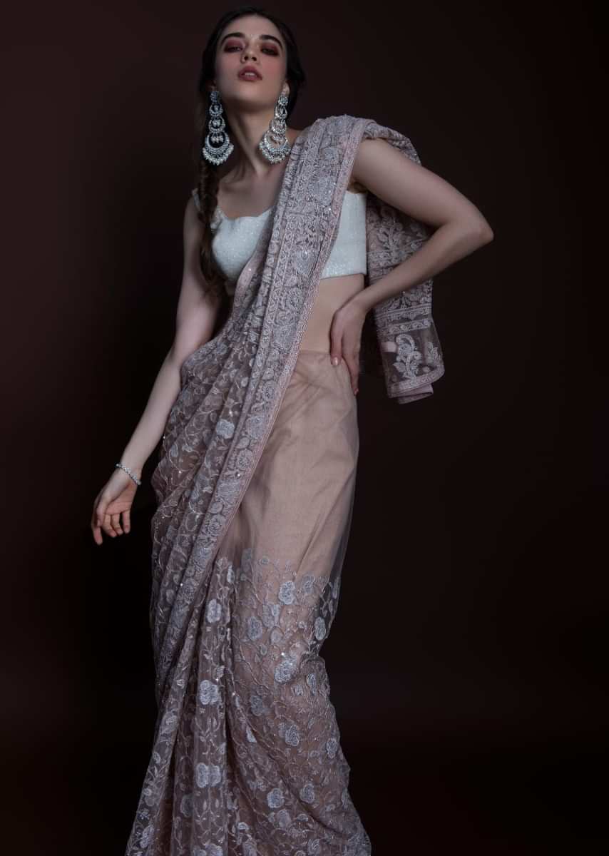 English Peach Saree In Hard Net With Floral Jaal Embroidery Online - Kalki Fashion