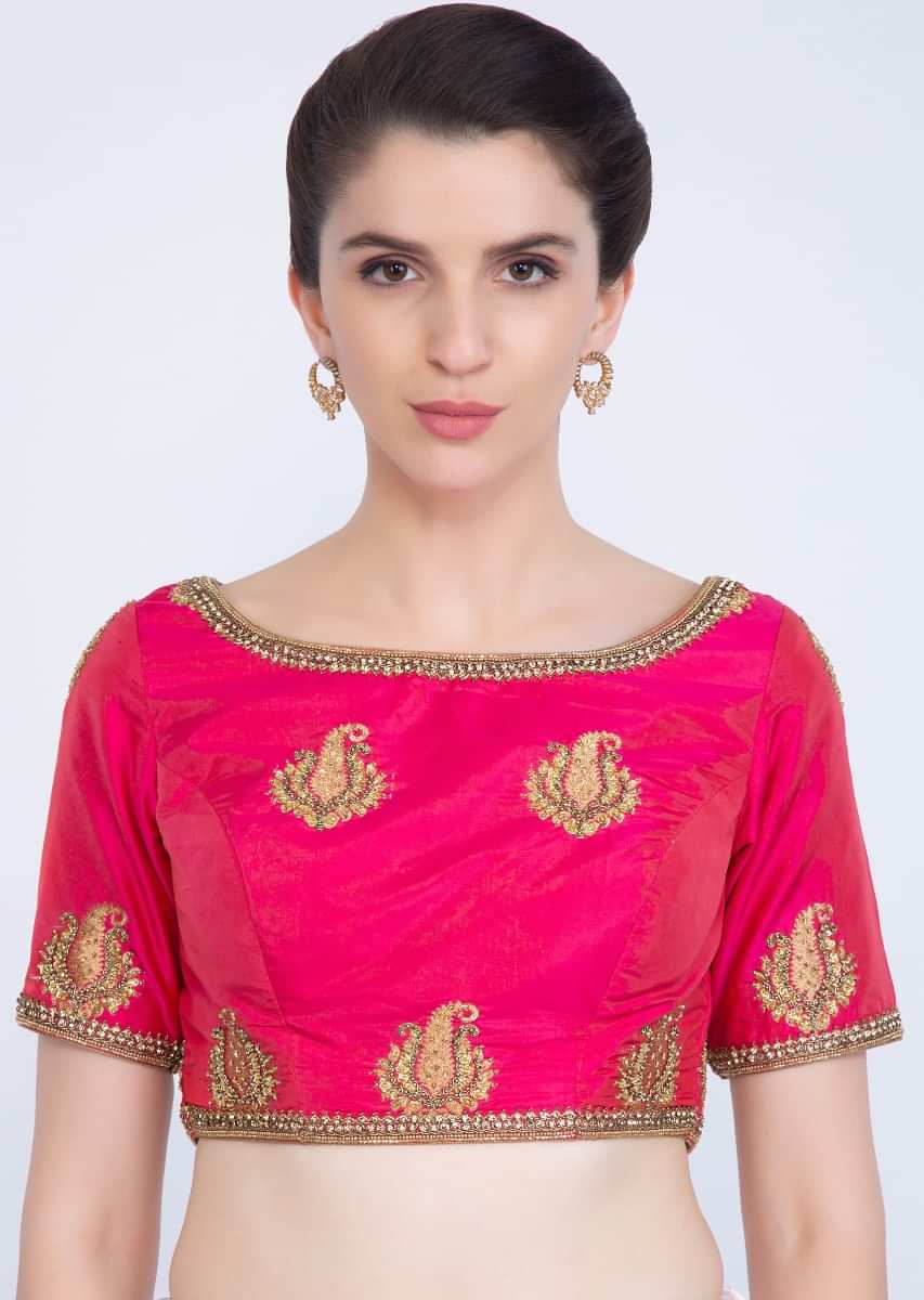 Rouge pink silk blouse in paisley butti only on kalki