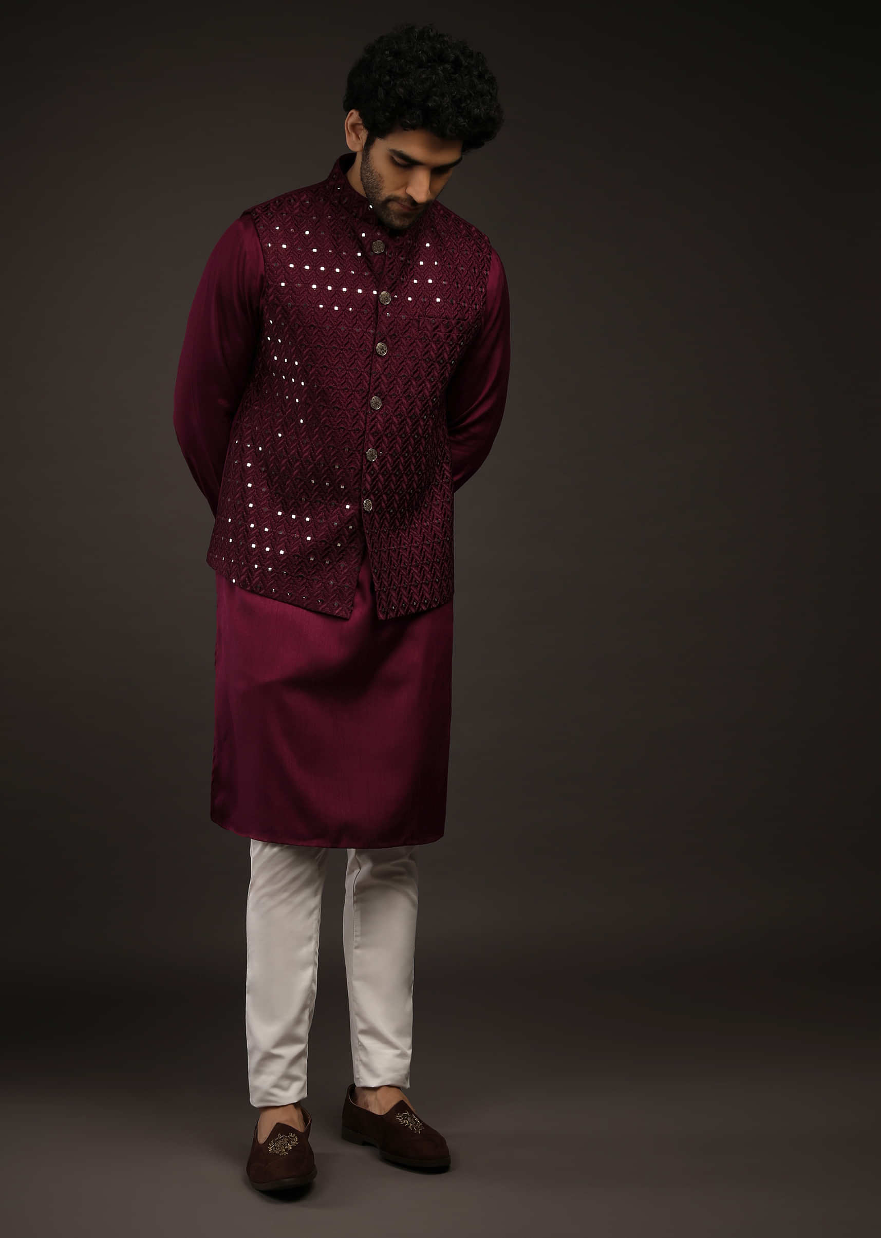 Wine Nehru Jacket Set In Raw Silk With Resham And Mirror Embroidered Geometric Jaal And Aligarh Pants
