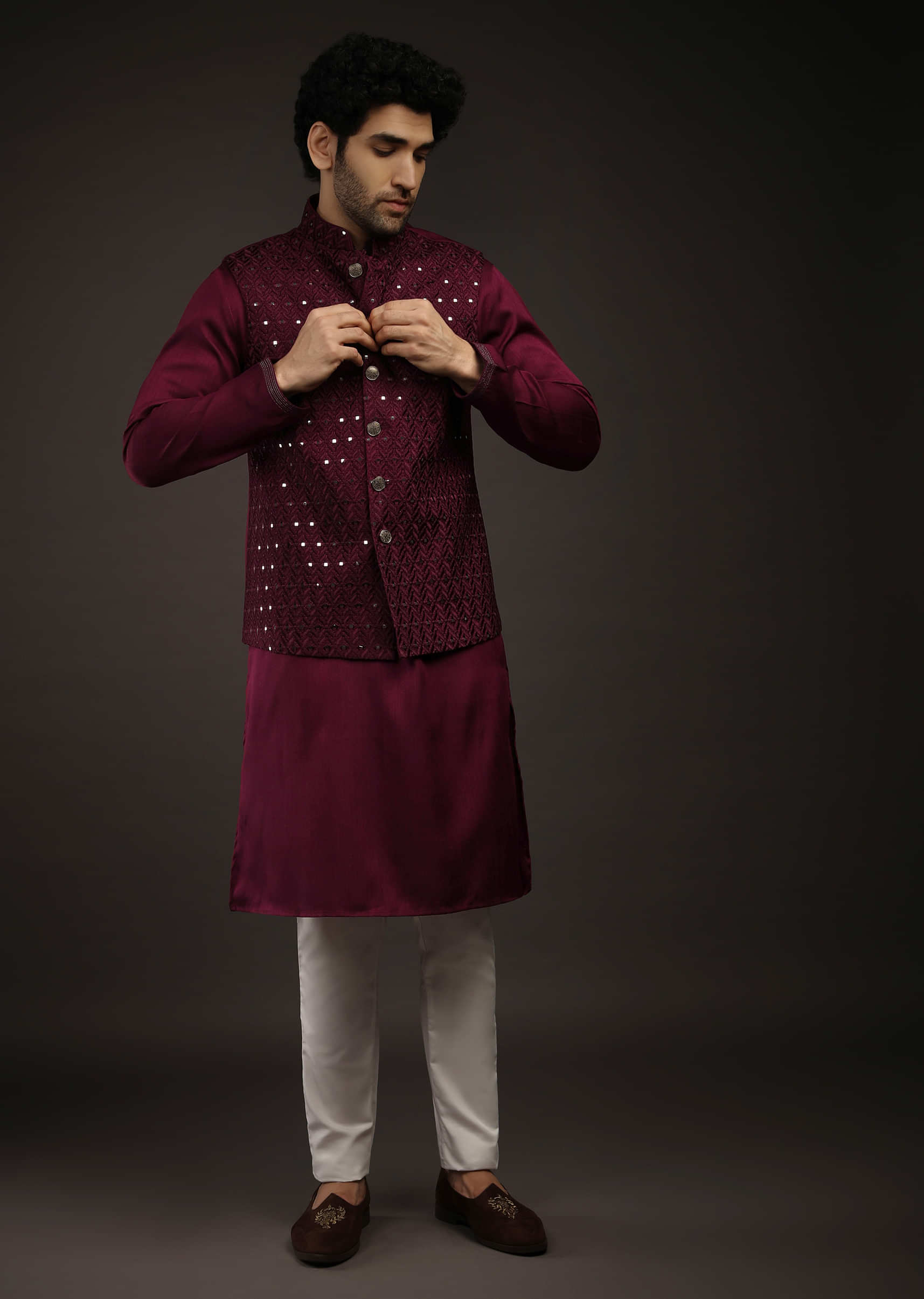 Maroon Plain Cotton Stitched Nehru Jacket And Trousers - Hangup - 3022312