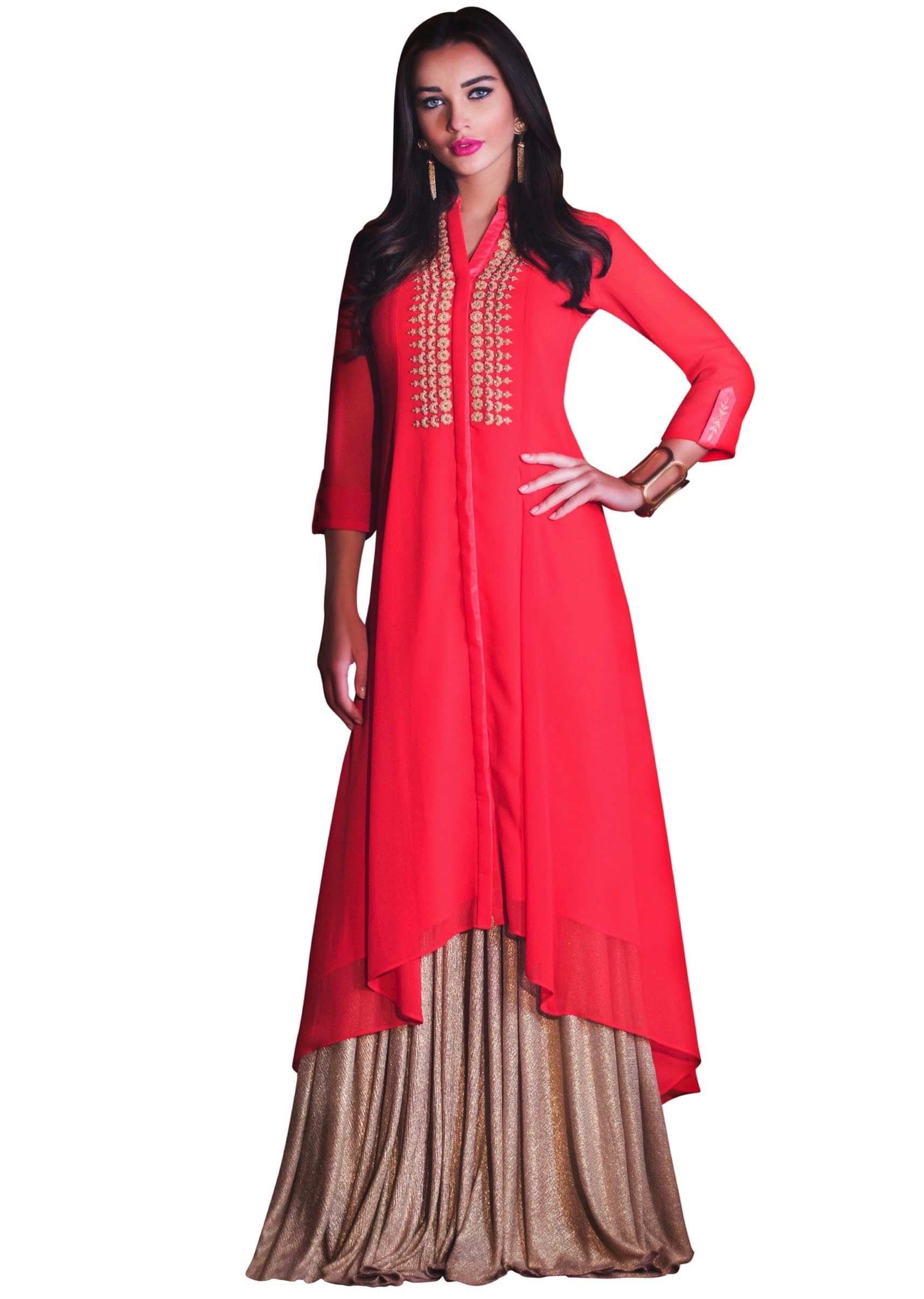 Coral Peach Fancy Kurti With Thread Embroidered Placket Online - Kalki Fashion