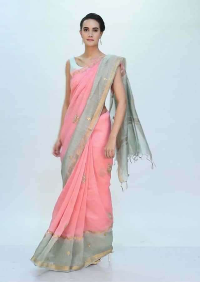 Pink and green shaded linen saree in gotta embroidery only on Kalki