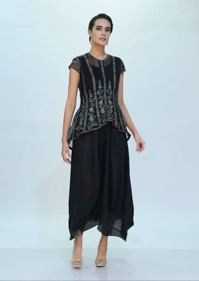 Black cotton tunic with gathers paired with additional organza jacket only on Kalki