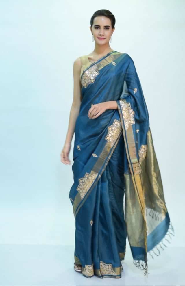 True blue linen saree with gotta patch butti  only on Kalki