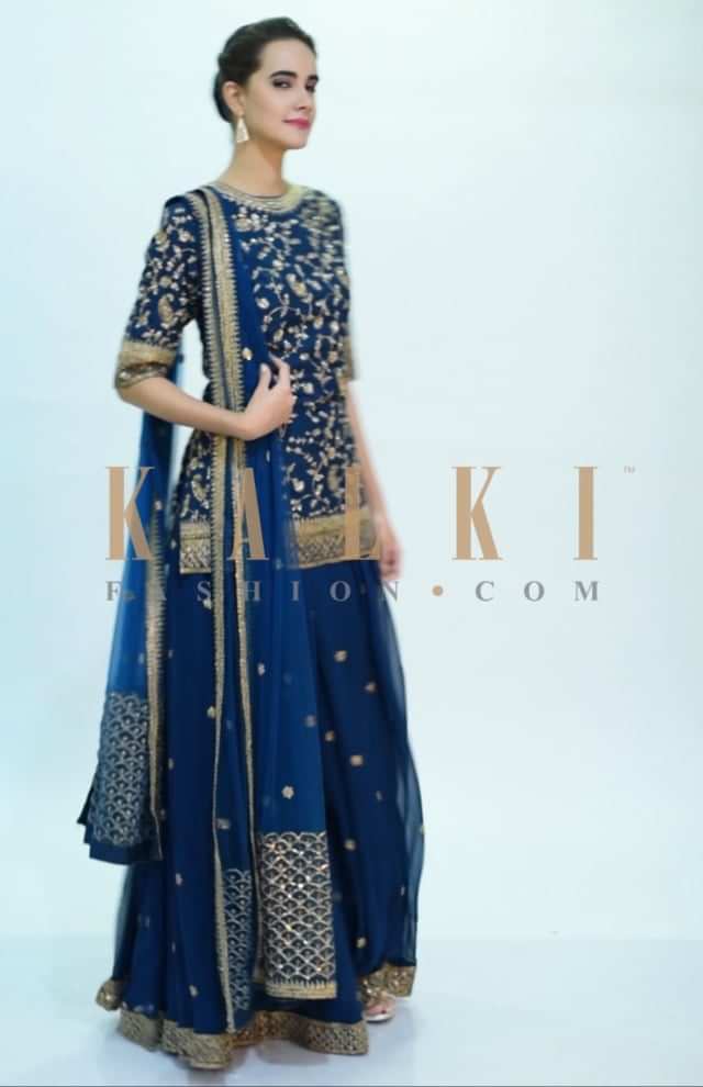 Peacock blue cotton silk palazzo suit set in zari embroidery only on Kalki