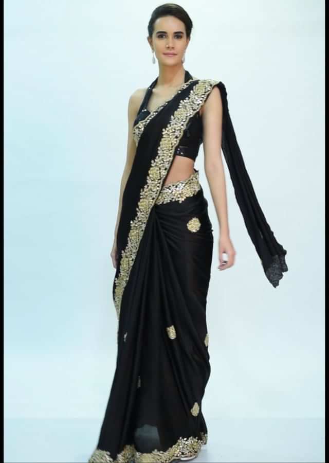 Black satin saree with embroidered butti and border only on kalki