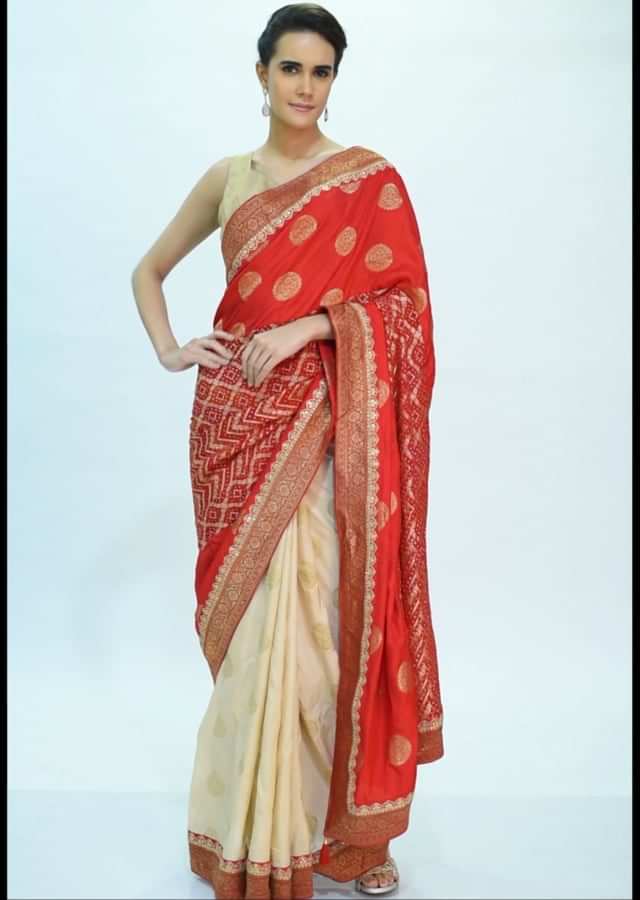Half and half saree with bandhani printed pallo only on kalki