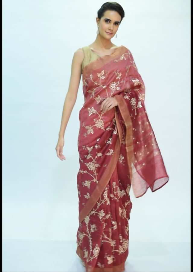 Rustic pink linen saree in floral jaal embroidery only on kalki