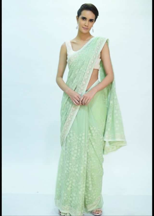 Light green chiffon saree with thread jaal work only on kalki