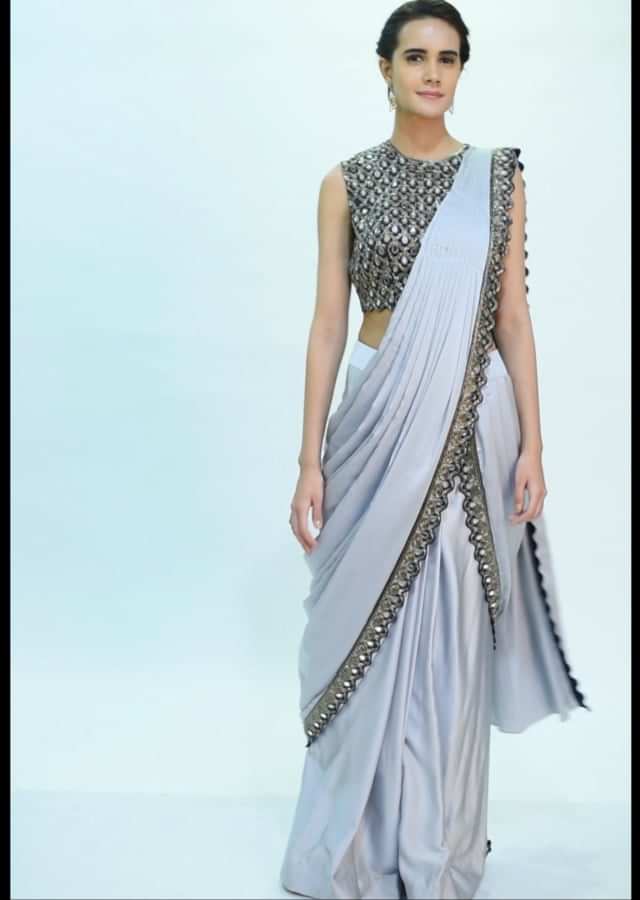 Silver grey draped saree with indigo blue embroidered blouse only on kalki