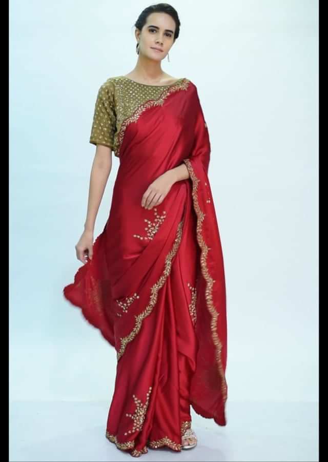 Lava red satin saree with embroidered butti only on kalki