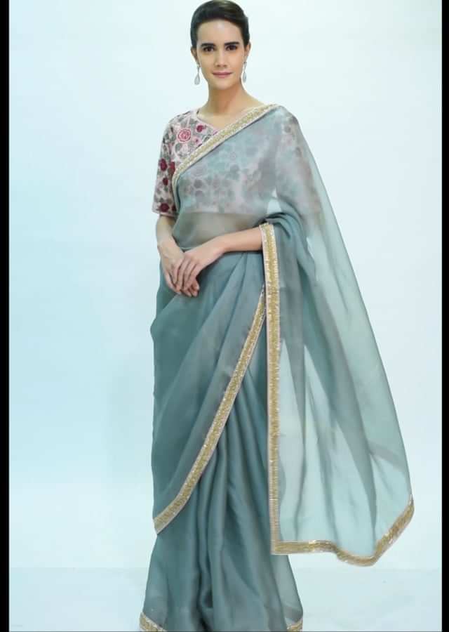 Persian green organza saree with pink floral embroidered blouse only on kalki