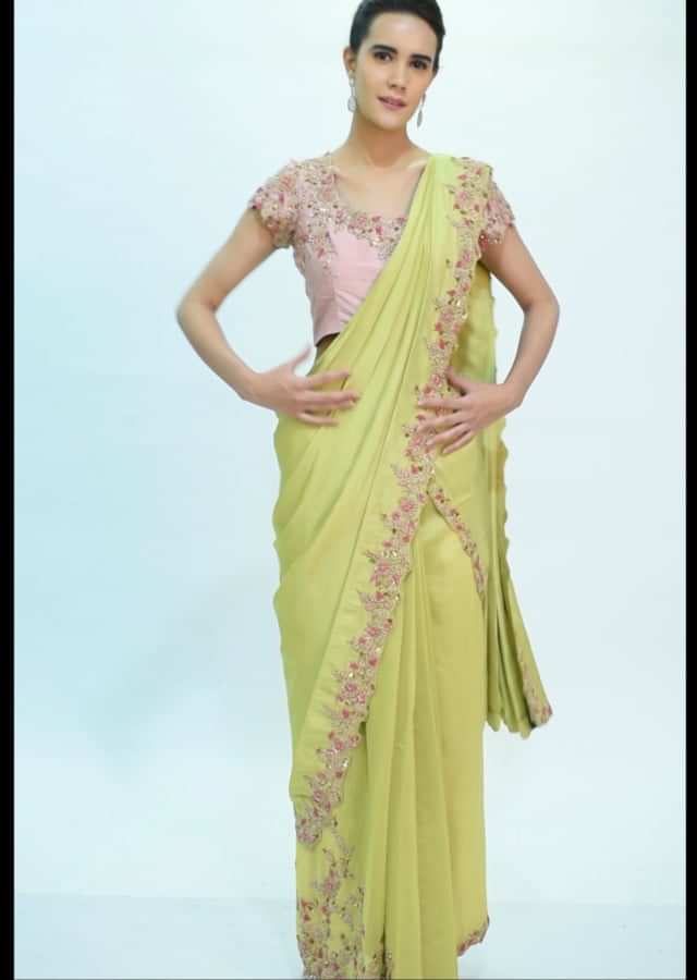 Lime green two piece saree with draped pleats and detached pallo only on kalki