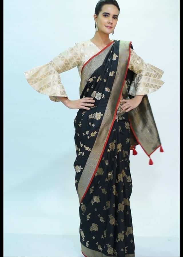 Black  banarasi silk saree in weaved butti only on kalki