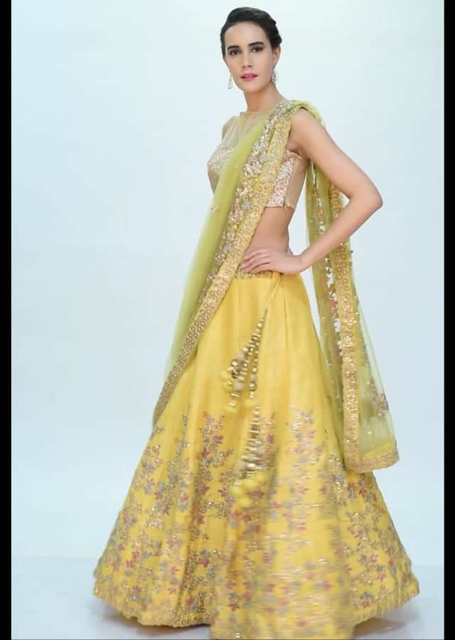 Bumblebee yellow raw silk lehenga set in floral jaal embroidery only on kalki