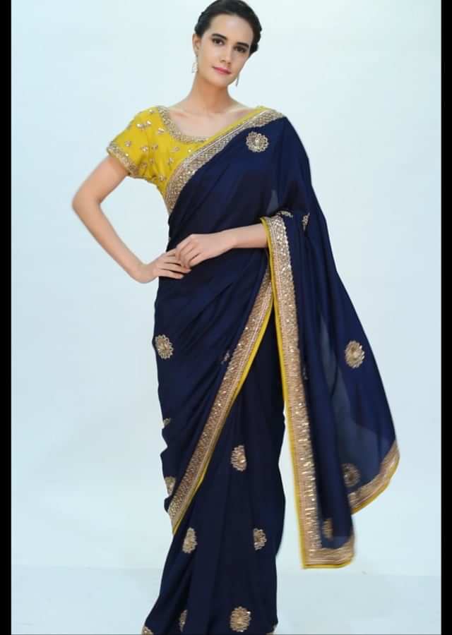 Navy blue silk saree with embroidered mustard blouse only on kalki