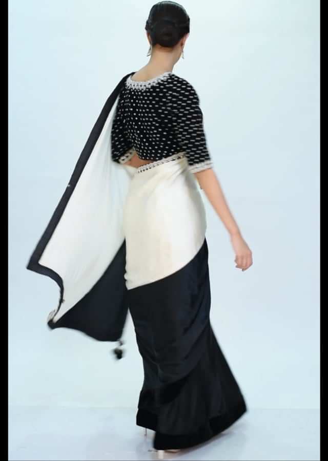 Black and white satin saree with embroidered velvet border only on kalki