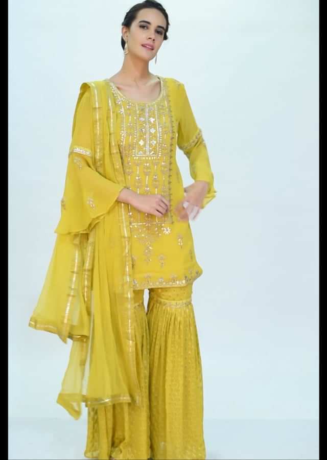 Royal yellow georgette sharara suit set with embroidery only on kalki