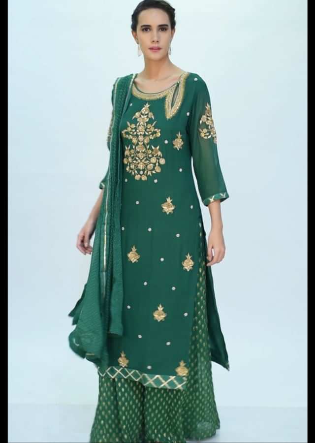Dark green georgette palazzo suit set with embroidery and butti only on kalki