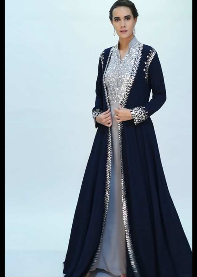 DSC_Silver grey crepe tunic dress with navy blue  long jacket only on kalki