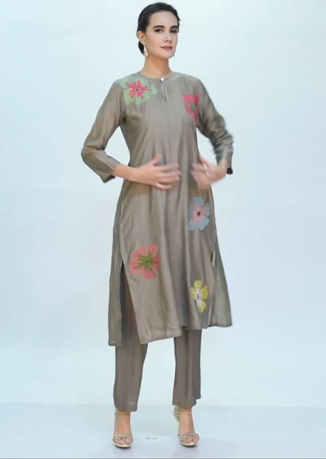 Sage grey cotton silk kurti with multi color floral butti only on Kalki