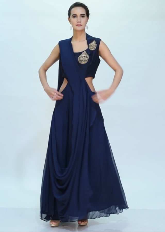 Indigo blue gown with side cut out and flair at the back only on Kalki